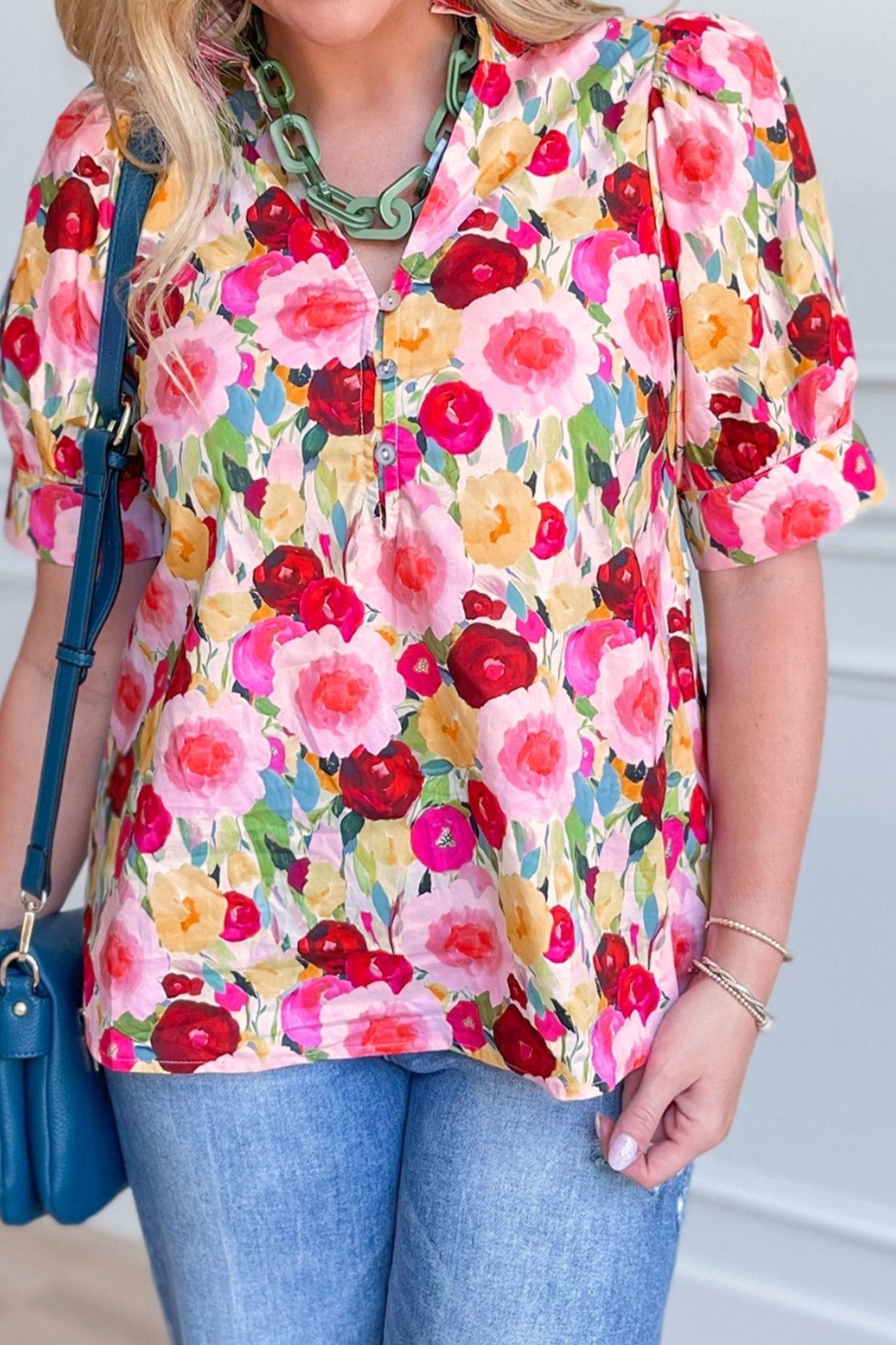Pink Plus Size Flower Print Split V Neck Puff Short Sleeve Top - Loving It Shop