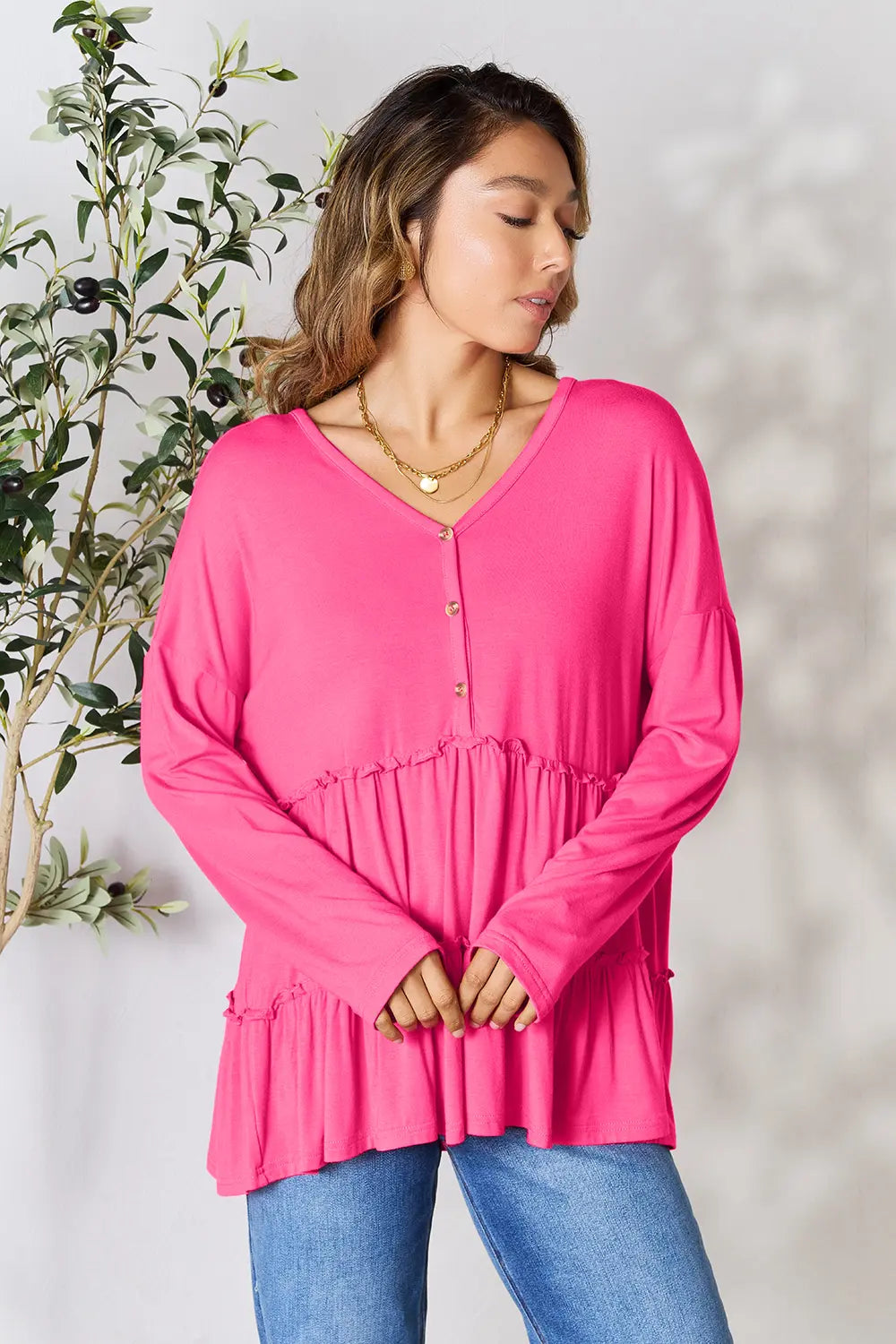 I am a Fashion Junky Take Half Button Long Sleeve Ruffle Hem Blouse