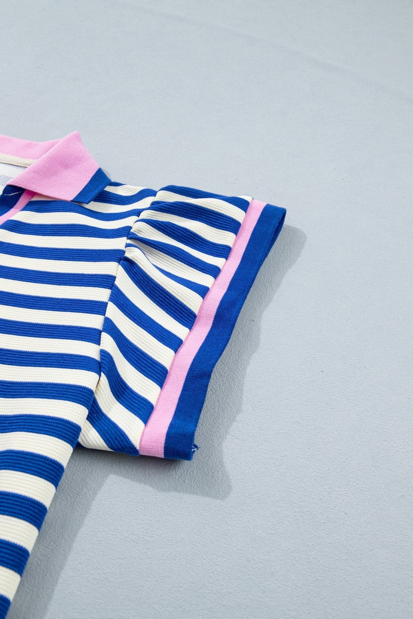 Blue Stripe Contrast Trim Polo Collar Ruffled Short Sleeve Blouse - Loving It Shop