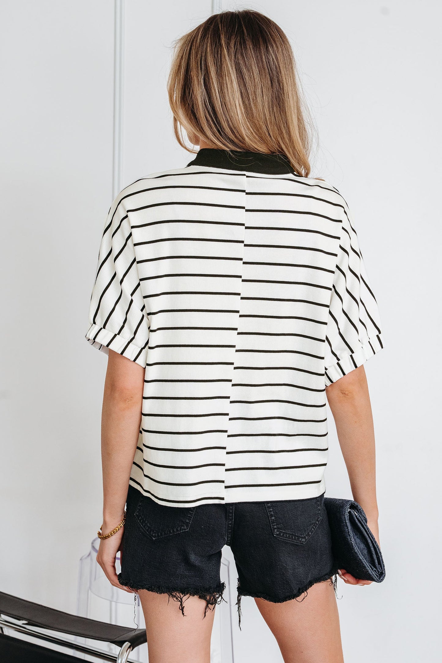 White Stripe Stand Collar V Neck Elastic Cuffs Half Sleeve Dolman Top