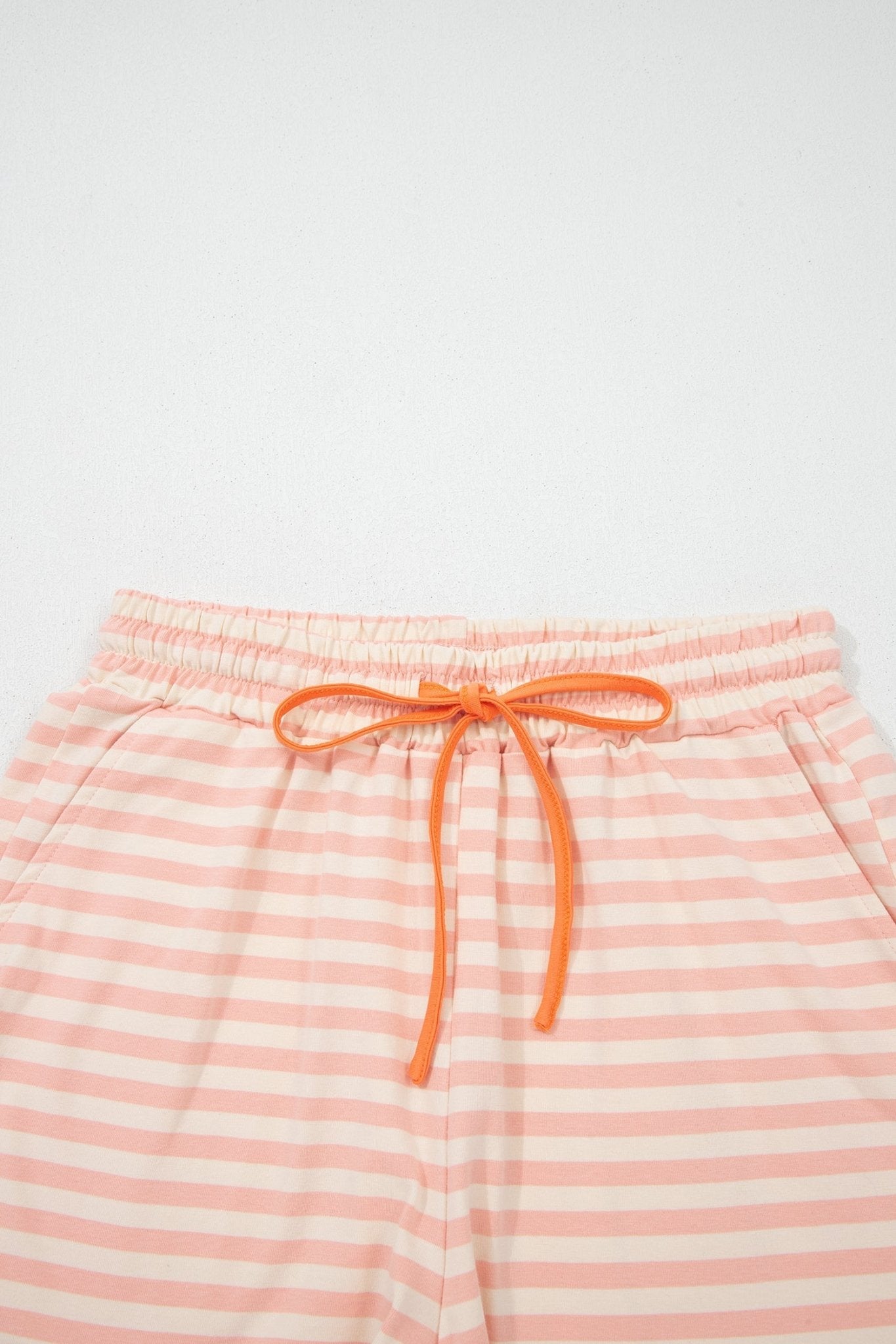 Pink Stripe Contrast Neck Loose Tee and Drawstring Shorts Set - Loving It Shop