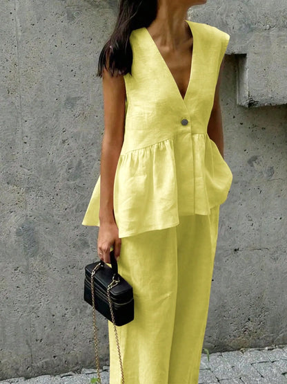 Button Down Peplum Vest and Pants Set