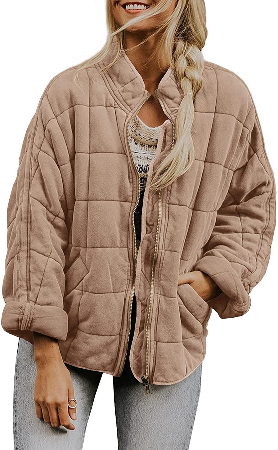 Winter Zip-up Stand Collar Coat With Pockets Fashion Solid Color Plaid Long Sleeved Jacket Women&