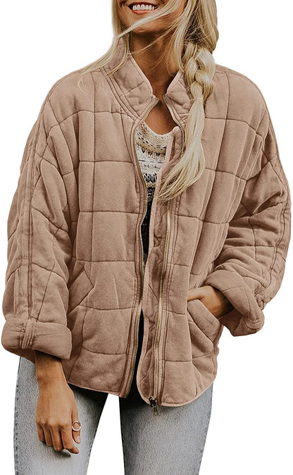 Winter Zip-up Stand Collar Coat With Pockets Fashion Solid Color Plaid Long Sleeved Jacket Women&