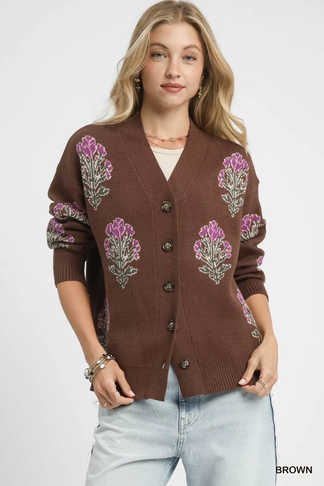 Single Flower Stem Jacquard Cardigan Sweater