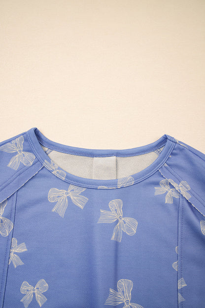 Sky Blue Bow Knot Print Crewneck Ruffled Sleeve Shift Mini Dress