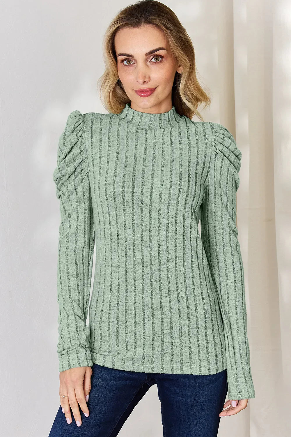 I am a Fashion junky Full Size Ribbed Mock Neck Puff Sleeve T-Shirt