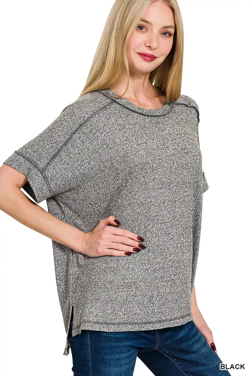 Full Size Soft Melange Hacci Short Sleeve Hi-low Tee Plus Size