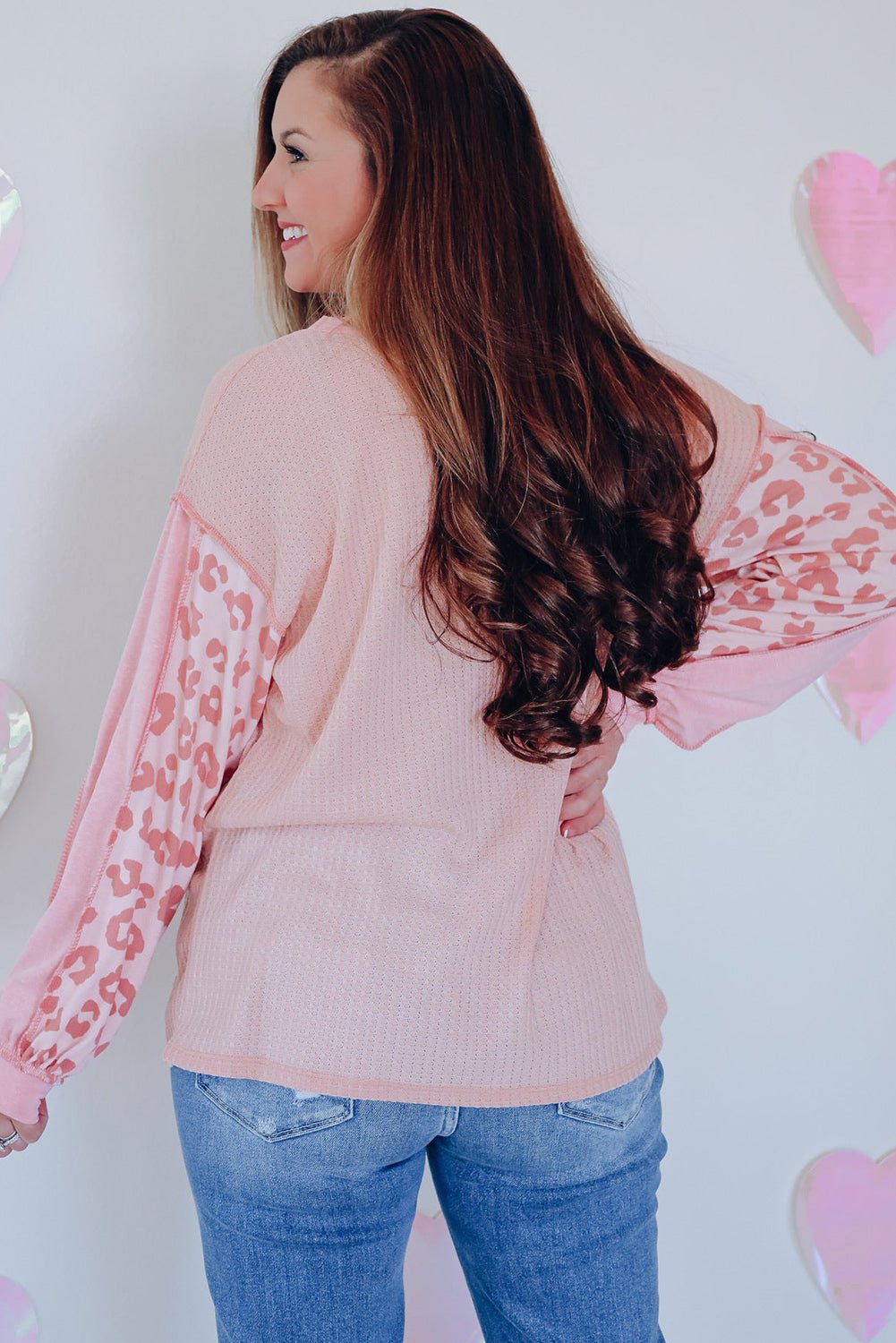 Pink Leopard Patchwork Exposed Seam Waffle Knit Top - Loving It Shop