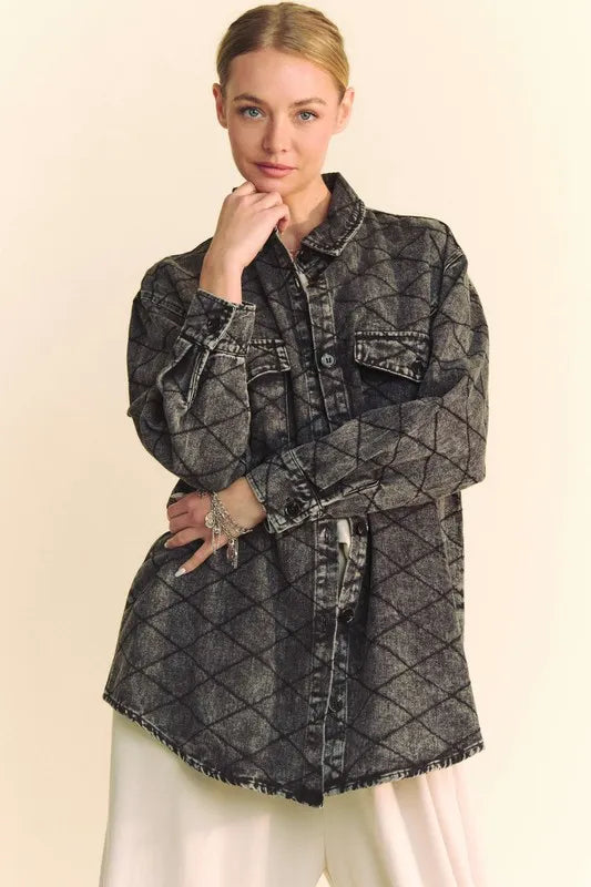 Davi &amp; Dani Curved Hem Diamond Quilted Button Up Denim Shacket