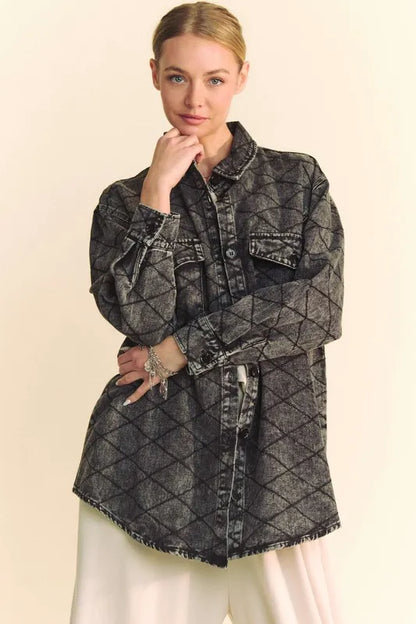 Davi &amp; Dani Curved Hem Diamond Quilted Button Up Denim Shacket