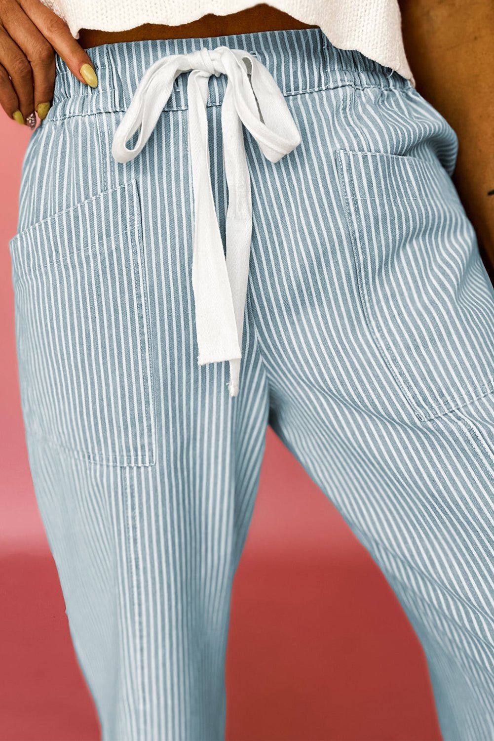 Sky Blue Stripe Mid Rise Drawstring Waist Jeans - Loving It Shop