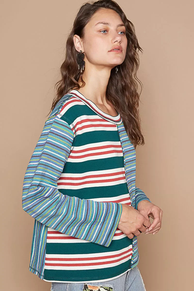 Color Block Striped Round Neck Long Sleeve T-Shirt