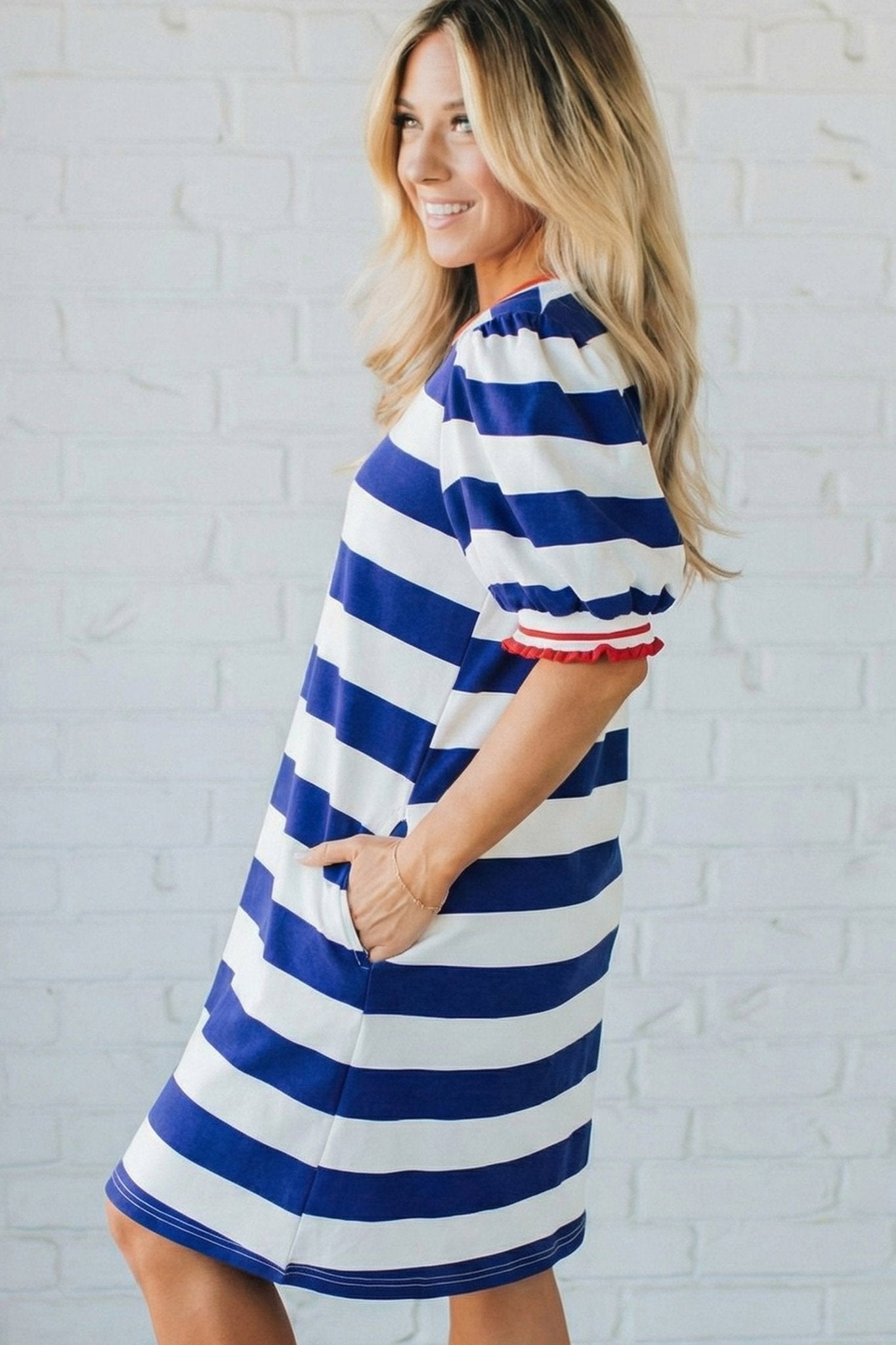 Blue Stripe Contrast Trim Round Neck Short Puff Sleeve Shift Mini Dress - Loving It Shop