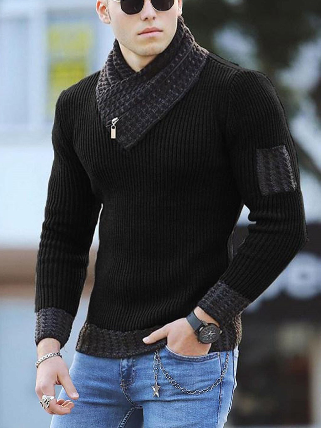 Independent Station Casual Slim Knit Pullover Long-sleeved Scarf Collar Sweater Men&