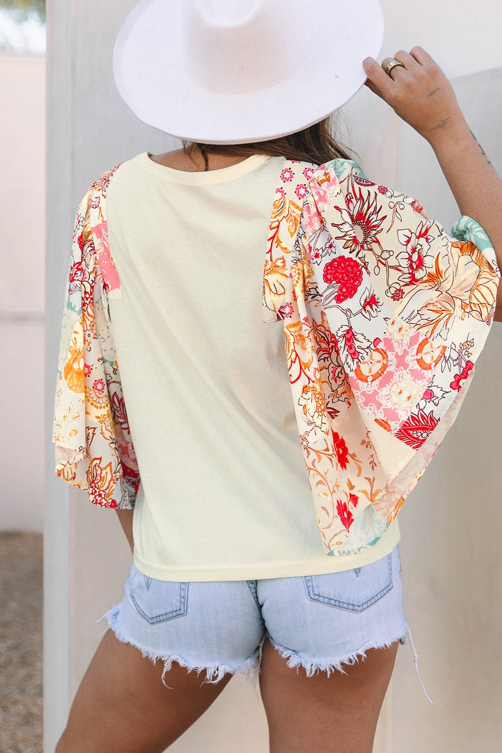Beige Floral Patchwork Half Batwing Sleeve Blouse - Loving It Shop