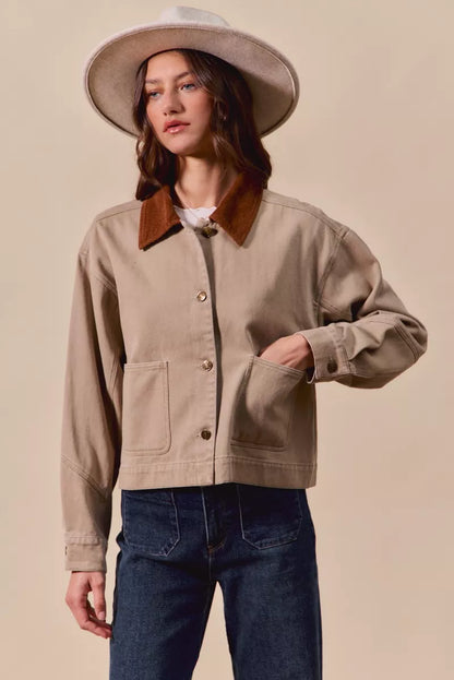 Cotton Twill Cropped Barn Jacket wtih Collar
