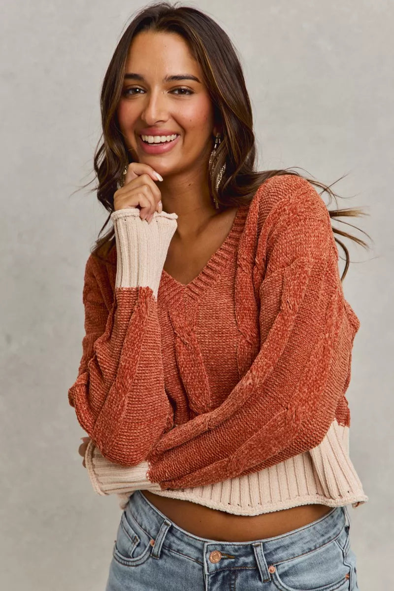 Chenille Cable Knit V Neck Contrast Cropped Sweater