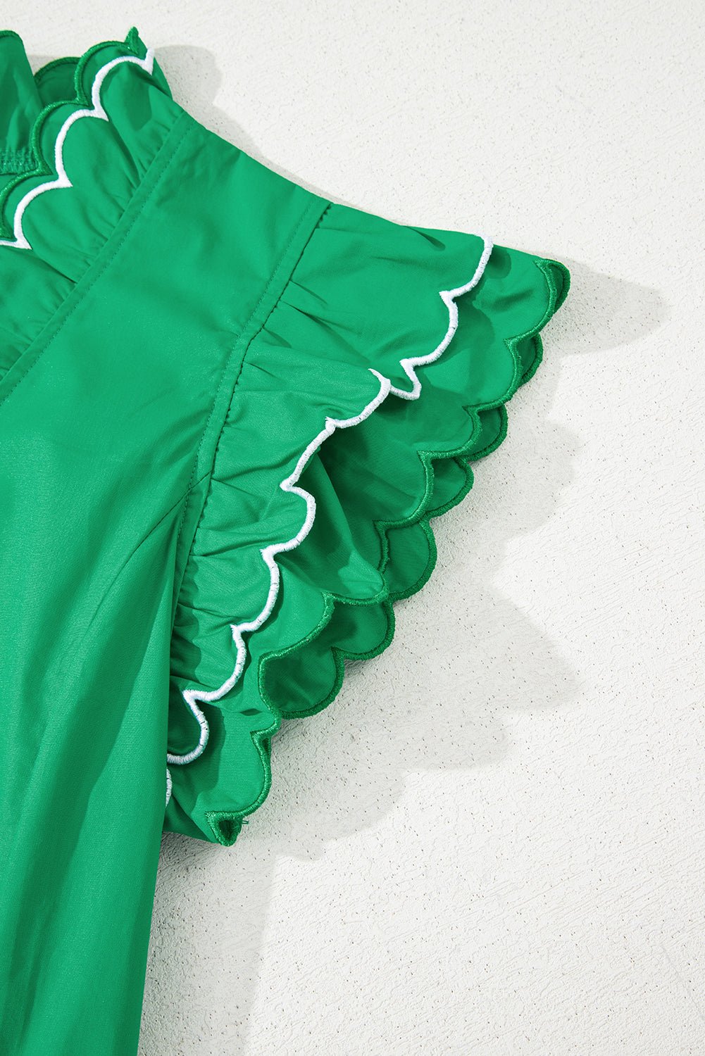 Bright Green Contrast Scallop Trim Layered Short Sleeve V Neck Blouse - Loving It Shop