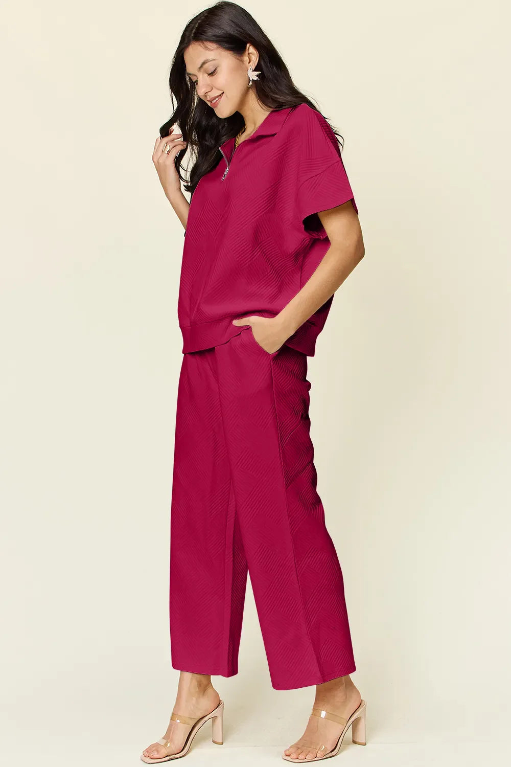 I am a Fashion Junky Full Size Texture Half Zip Short Sleeve Top and Pants Set