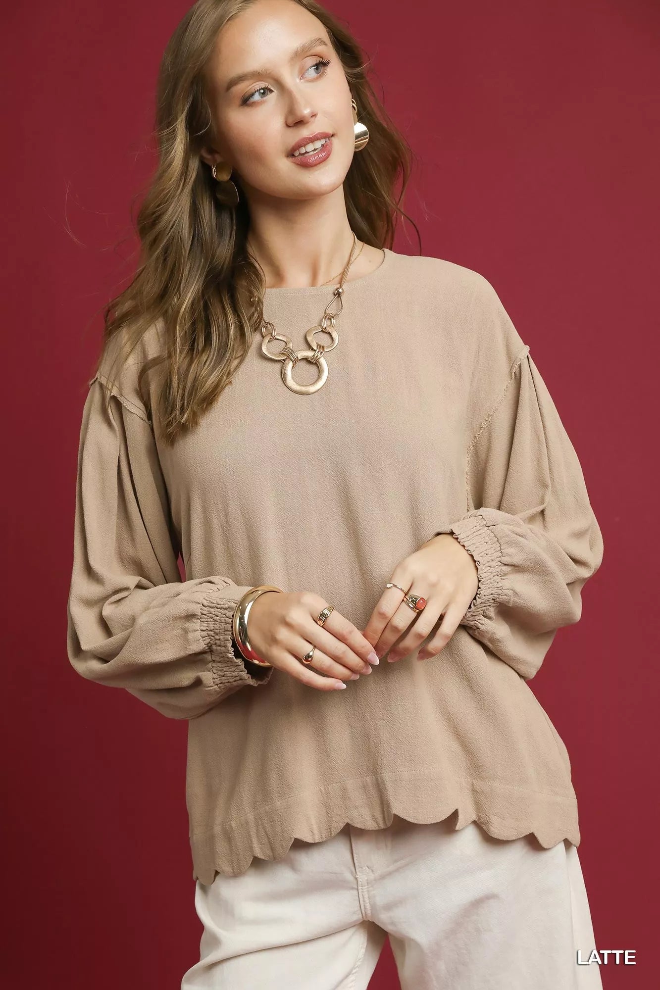 Linen Scallop Hem Long Sleeve Blouse
