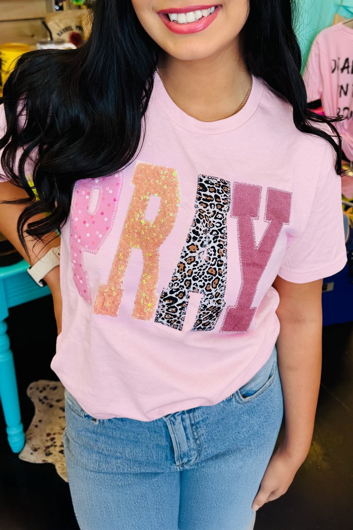 Pink PRAY Sequin Leopard Multiple Patched Graphic Tee - Loving It Shop