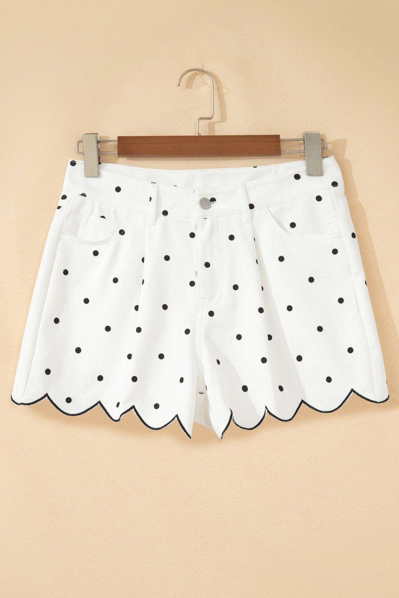 White Polka Dot Print Embroidered Scallop Hem Shorts - Loving It Shop