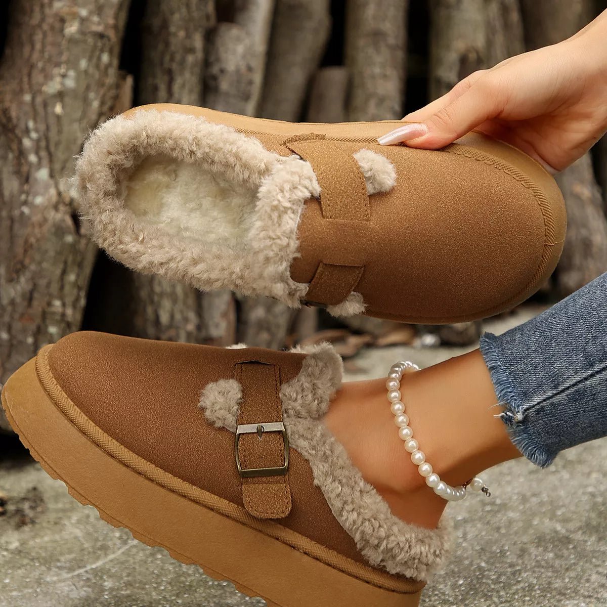 Fuzzy Trim Buckle Platform Slippers - Loving It Shop