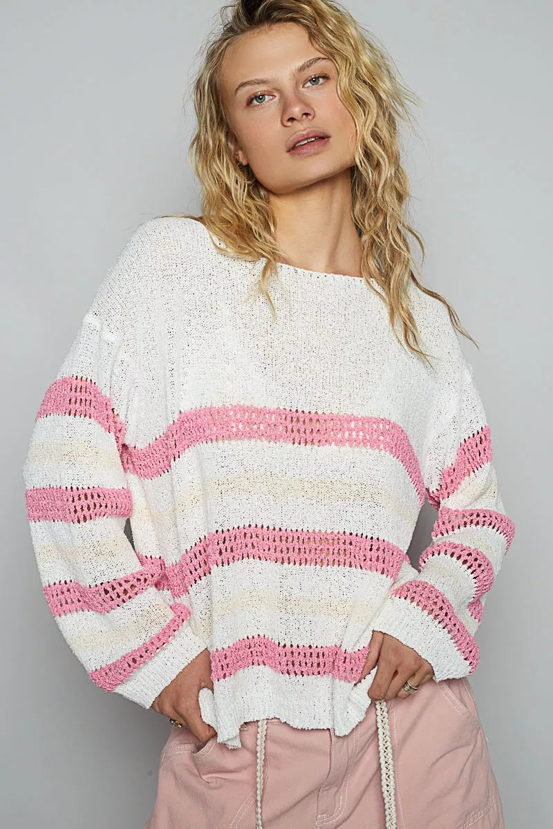 Striped Openwork Round Neck Knit Top
