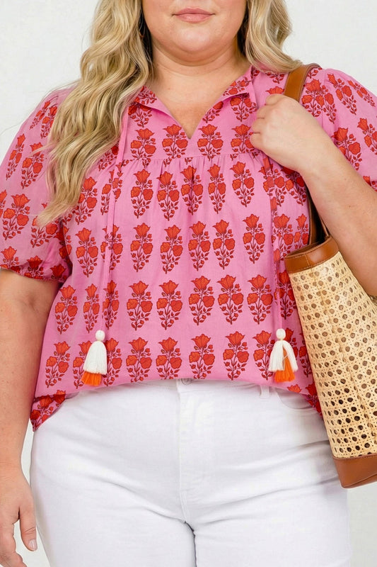 Pink Plus Size Floral Print Tassel Tie Puff Sleeve Cotton Blouse - Loving It Shop