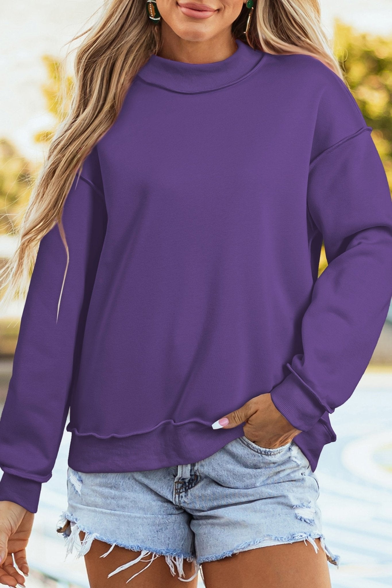 Tillandsia Purple Oversize Drop Shoulder Reversible Mock Neck Sweatshirt - Loving It Shop
