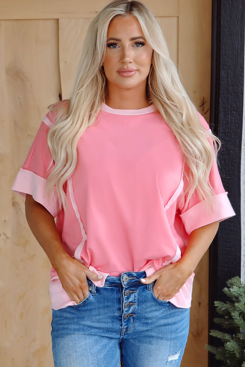 Peach Blossom Half Sleeve Raw Seam High Low Side Split Top - Loving It Shop