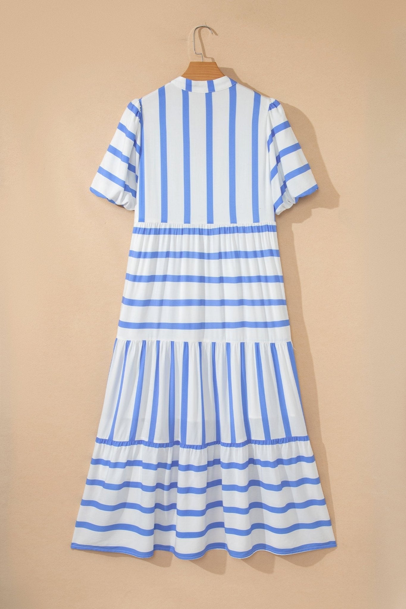 Sky Blue Stripe Ricrac Trim Notched Neck Half Sleeve Vacation Dress - Loving It Shop