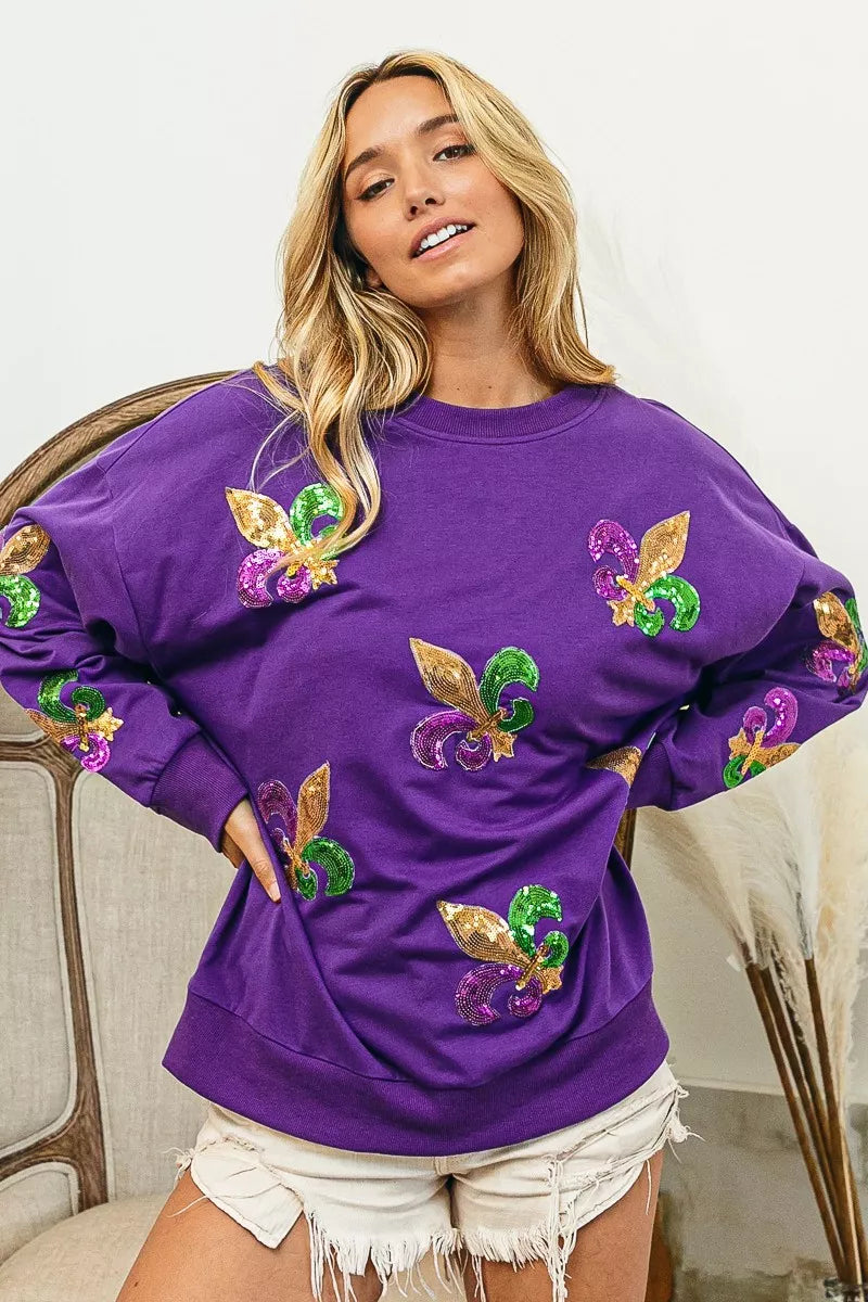 Fleur De Lis Sequin Patches Mardi Gras Sweatshirt