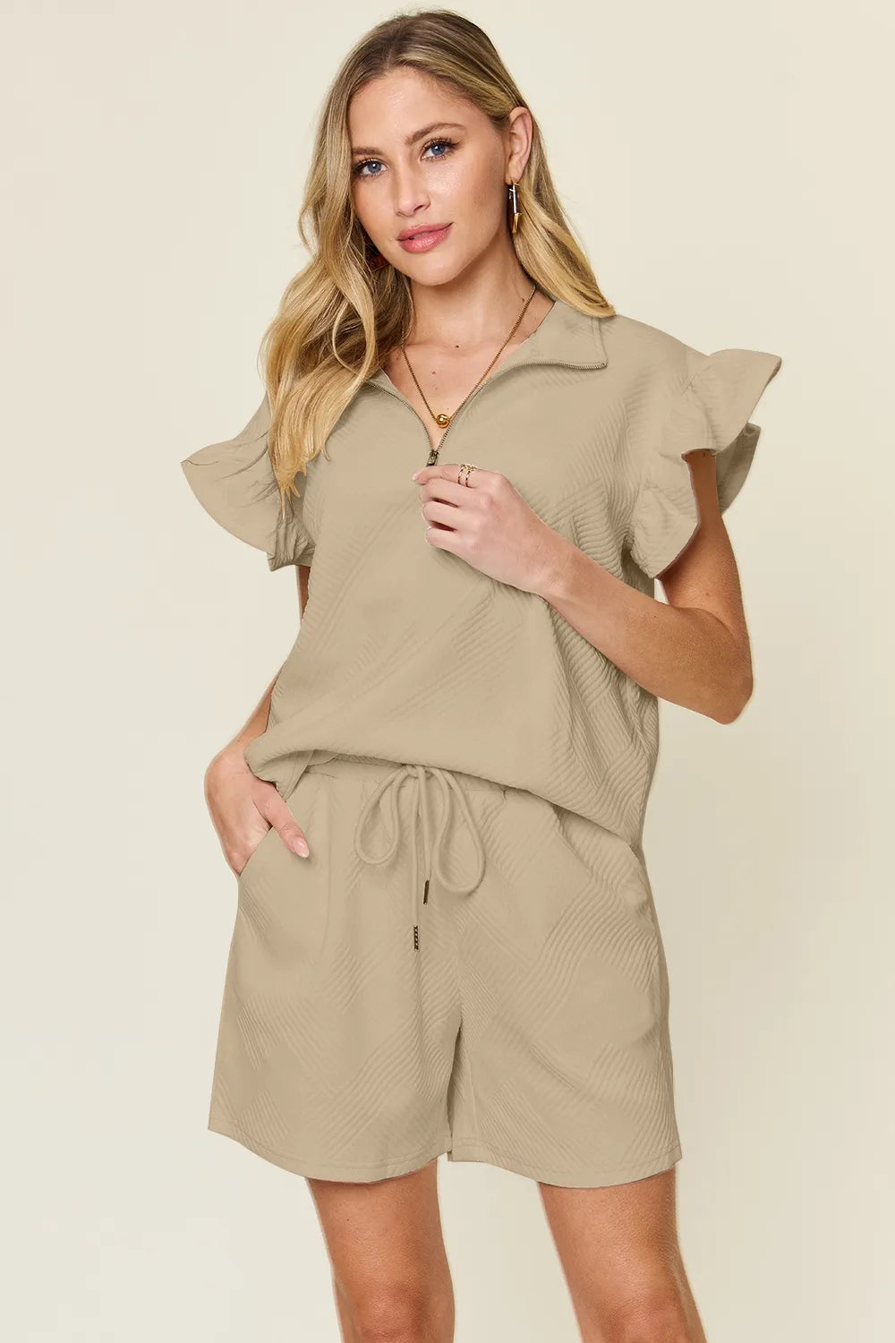I am a Fashion Junky Full Size Texture Flounce Sleeve Top and Drawstring Shorts Set