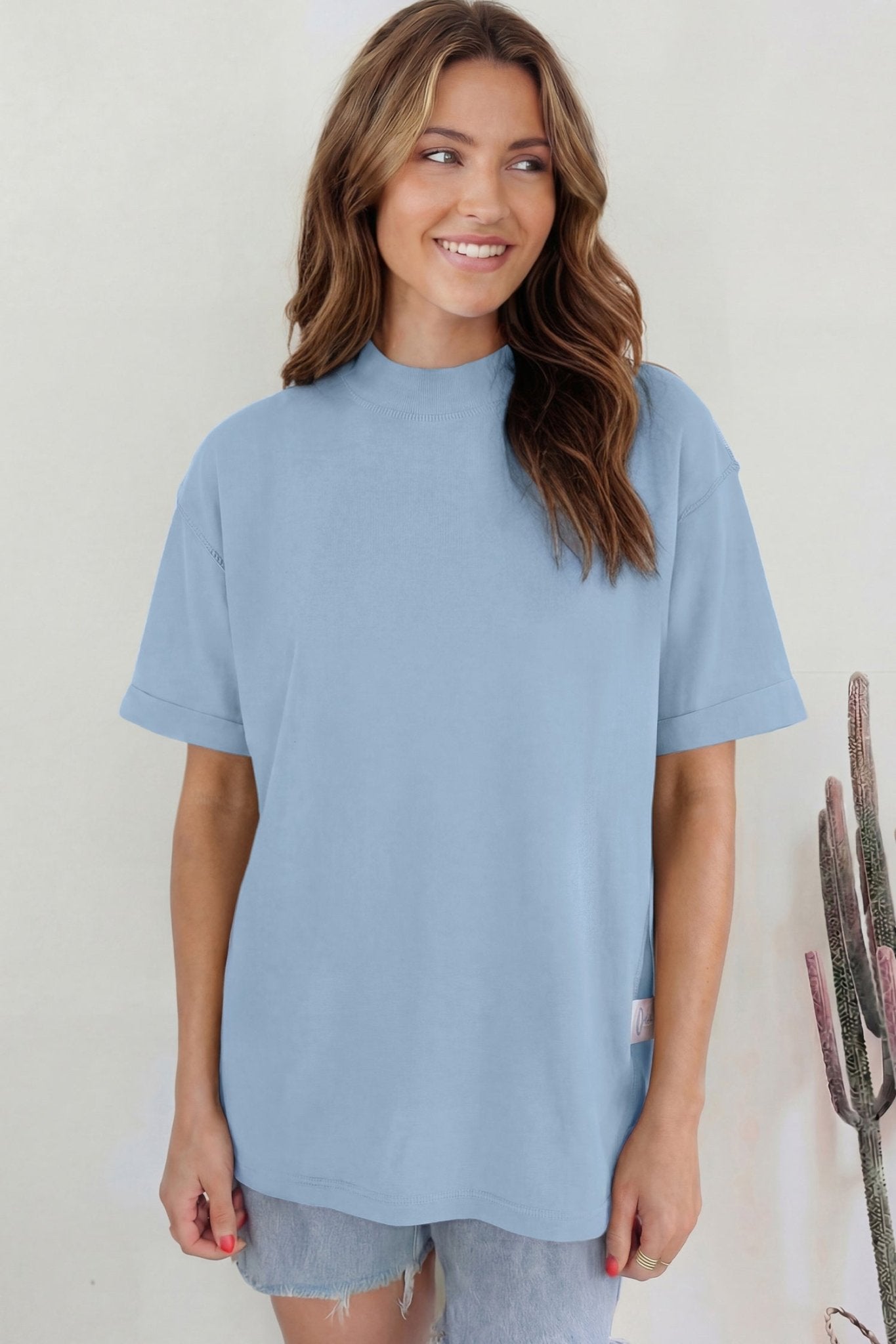 Beau Blue Solid Color High Neck Oversize Tee - Loving It Shop