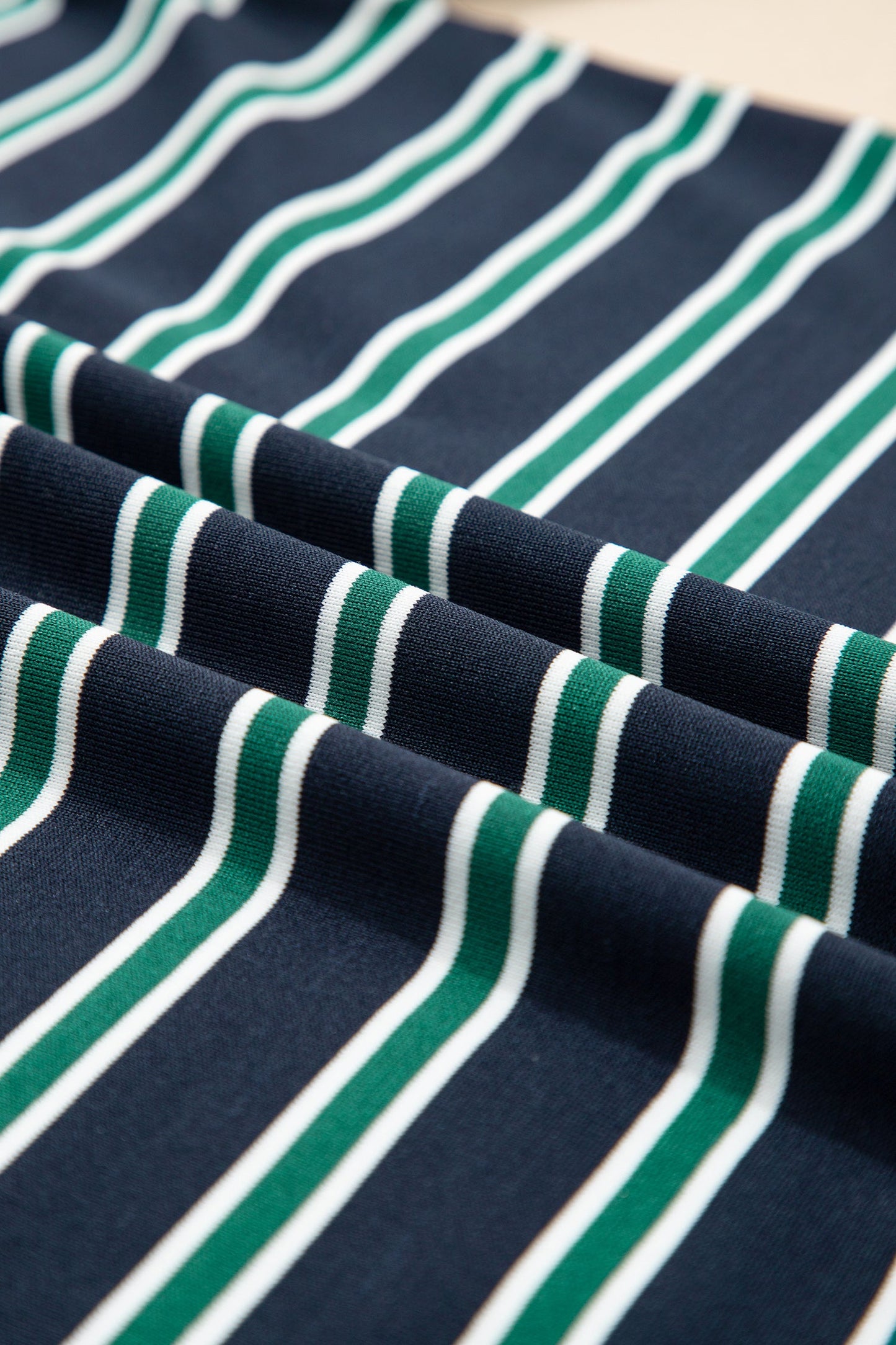 Green Stripe Ribbed Color Block Patchwork Crew Neck Patch Pocket Long Sleeve Top