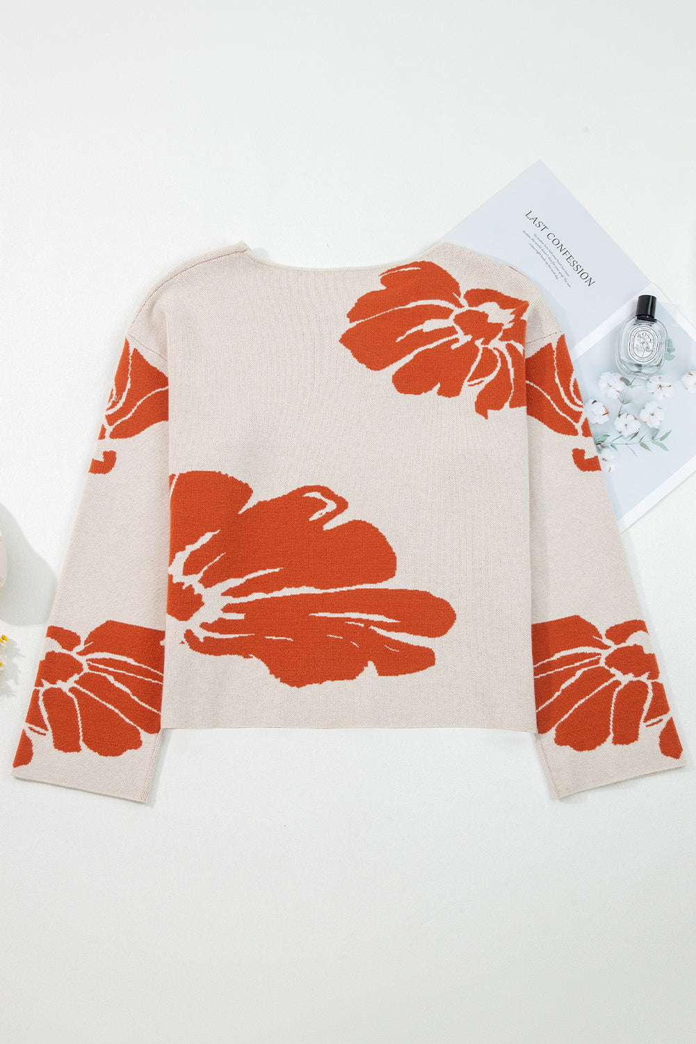 Beige Bold Flower Pattern Wide Sleeve Baggy Sweater