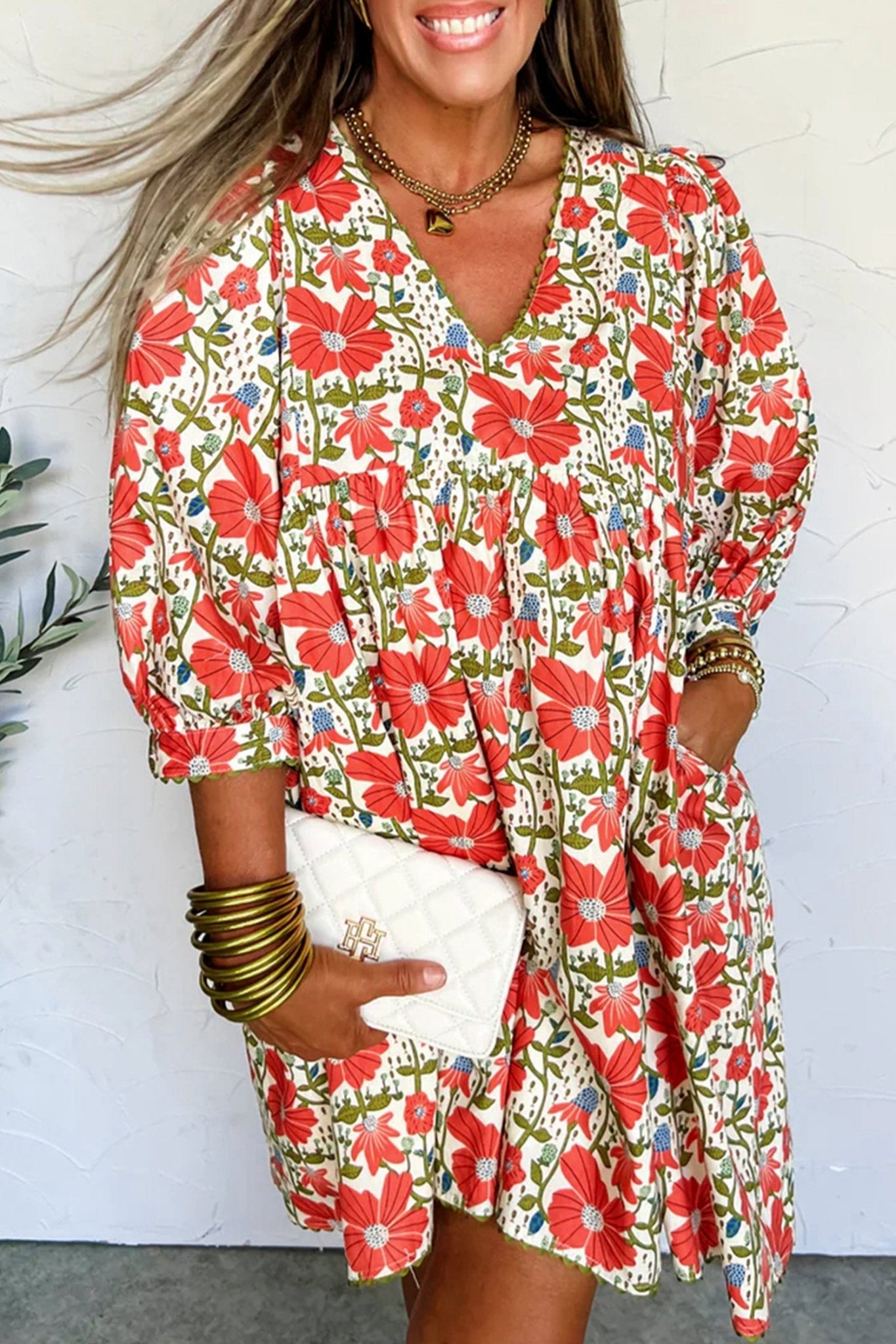 Red Floral Print Ricrac Trim V Neck 3/4 Sleeve Loose Mini Dress - Loving It Shop