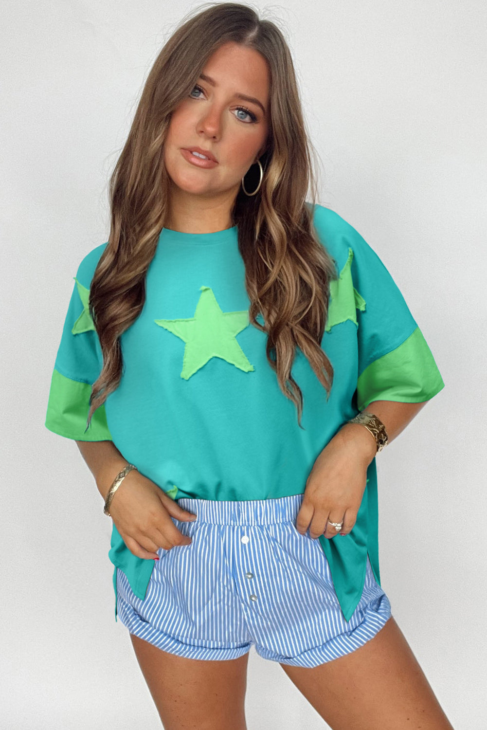 Frayed Denim Star Patched Oversize T Shirt