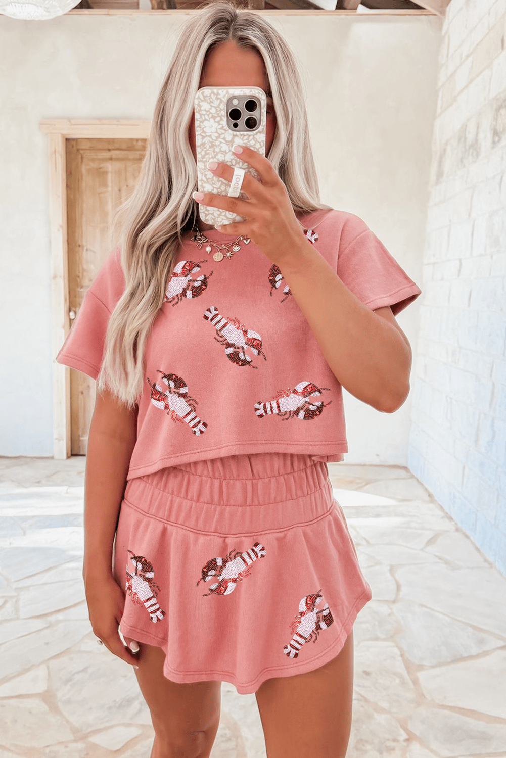 Blossom Sequin Crawfish Graphic Cropped Tee High Waist Skort 2pcs Outfit - Loving It Shop