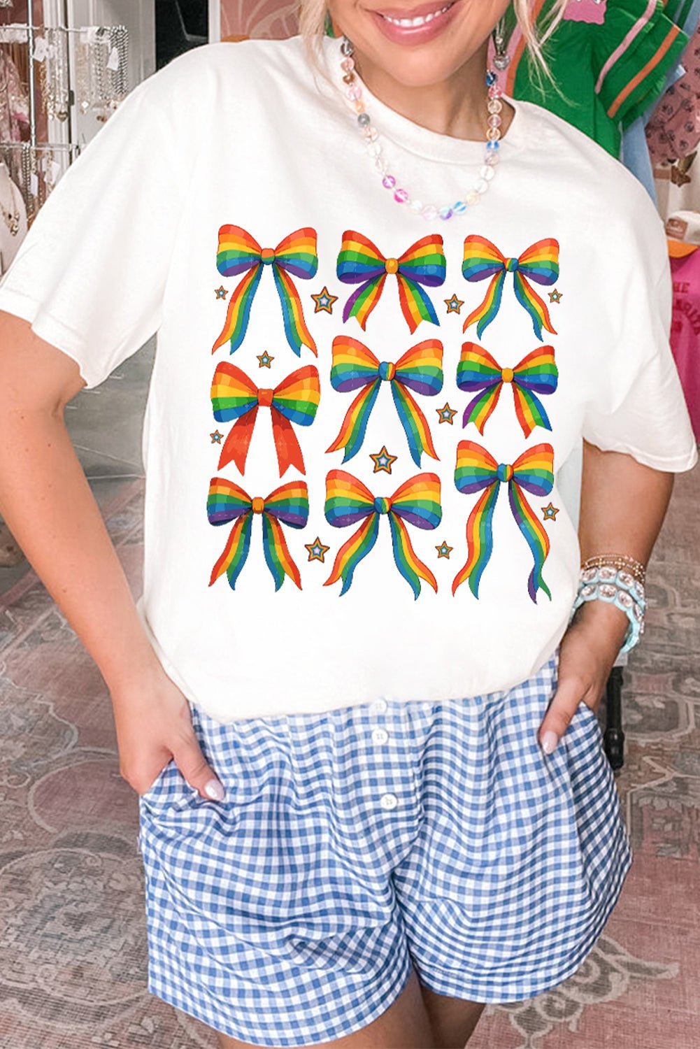 White Pride Bow Starry Print Cotton Blend T Shirt - Loving It Shop