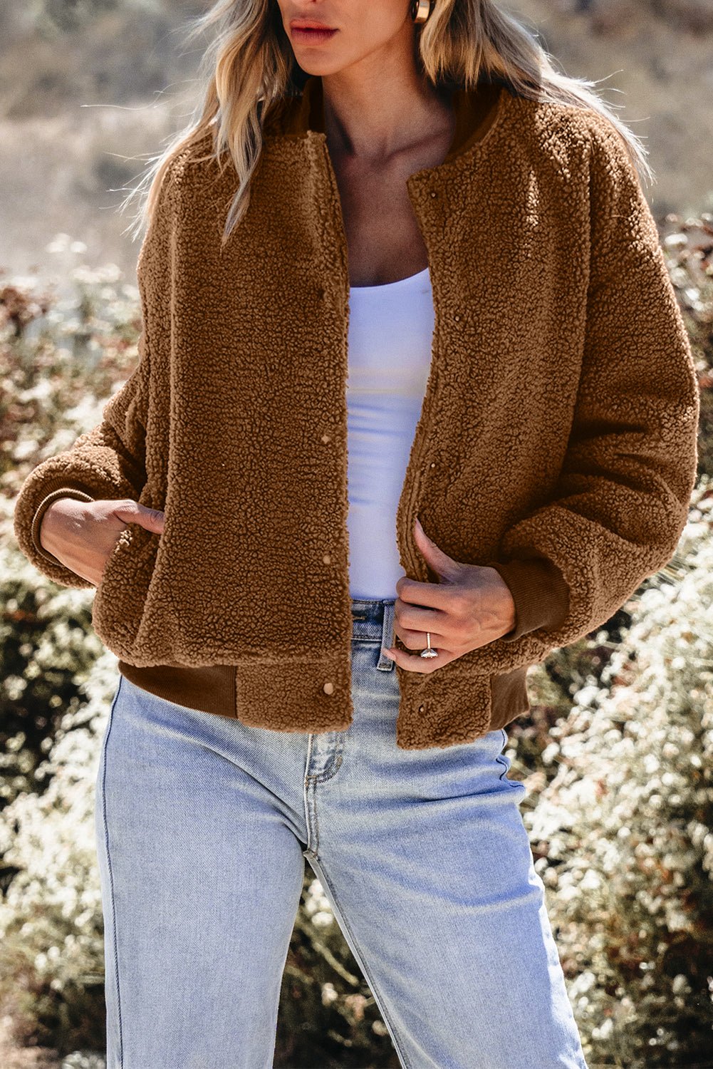 Redwood Burl Sherpa Ribbed Baseball Collar Bomber Jacket - Loving It Shop