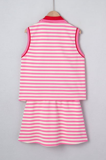 Sachet Pink Textured Stripe Print Contrast Trim Zip Collar Sleeveless 2pcs Skort Set