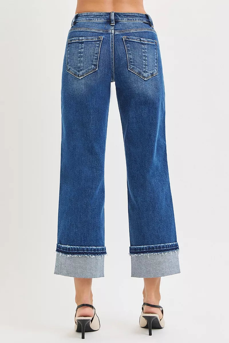 Mid Rise Ankle Straight Jeans with Cuffed Hem