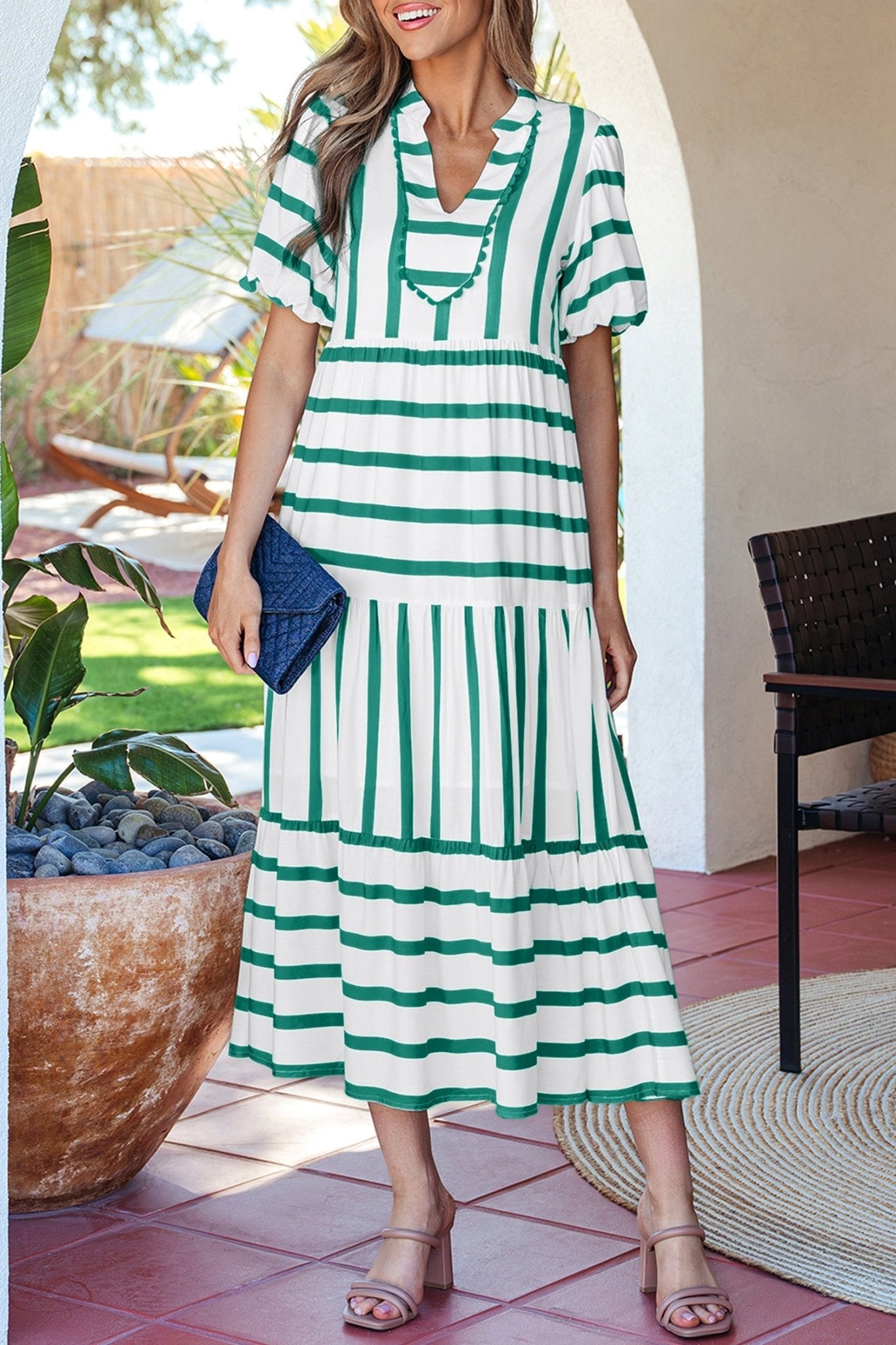 Green Stripe Ricrac Trim Notched Neck Half Sleeve Vacation Dress - Loving It Shop