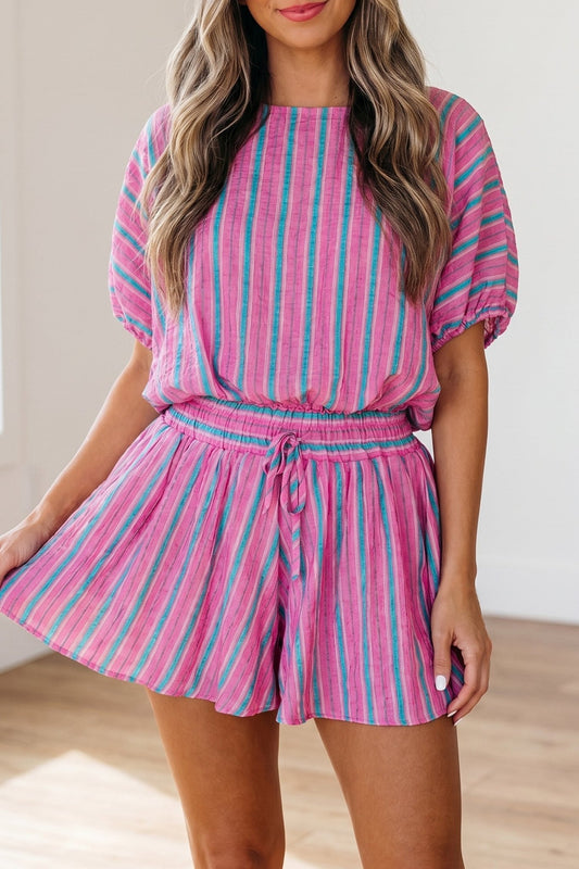 Pink Stripe Dolman Short Sleeve Blouse Drawstring Elastic Waist Loose Short Set - Loving It Shop
