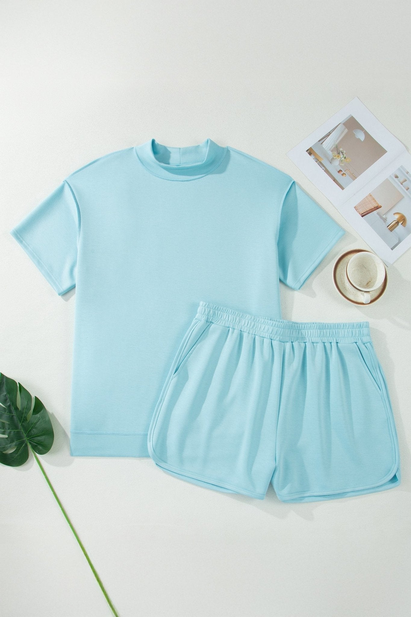 Mist Blue Solid Color Mock Neck Half Sleeve Top Plus Size 2pcs Short Set - Loving It Shop