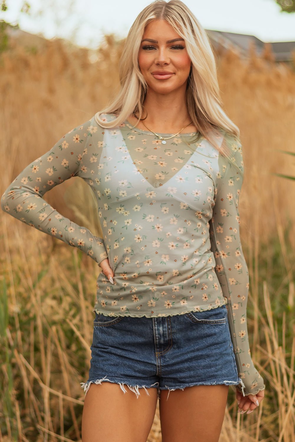 Laurel Green Vintage Floral Print Southern Style Mesh Long Sleeve Top - Loving It Shop