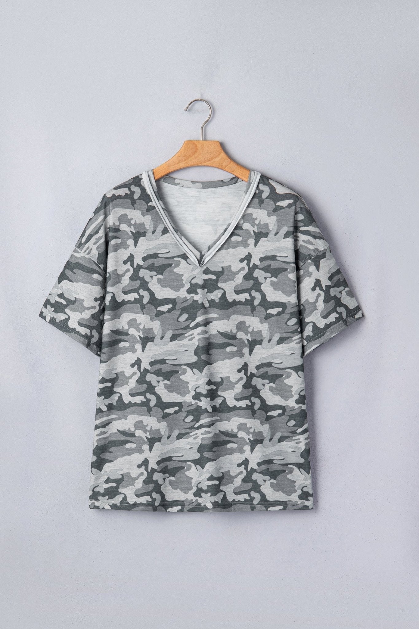 Green Retro Camouflage Print Raw Edge V Neck Tee - Loving It Shop